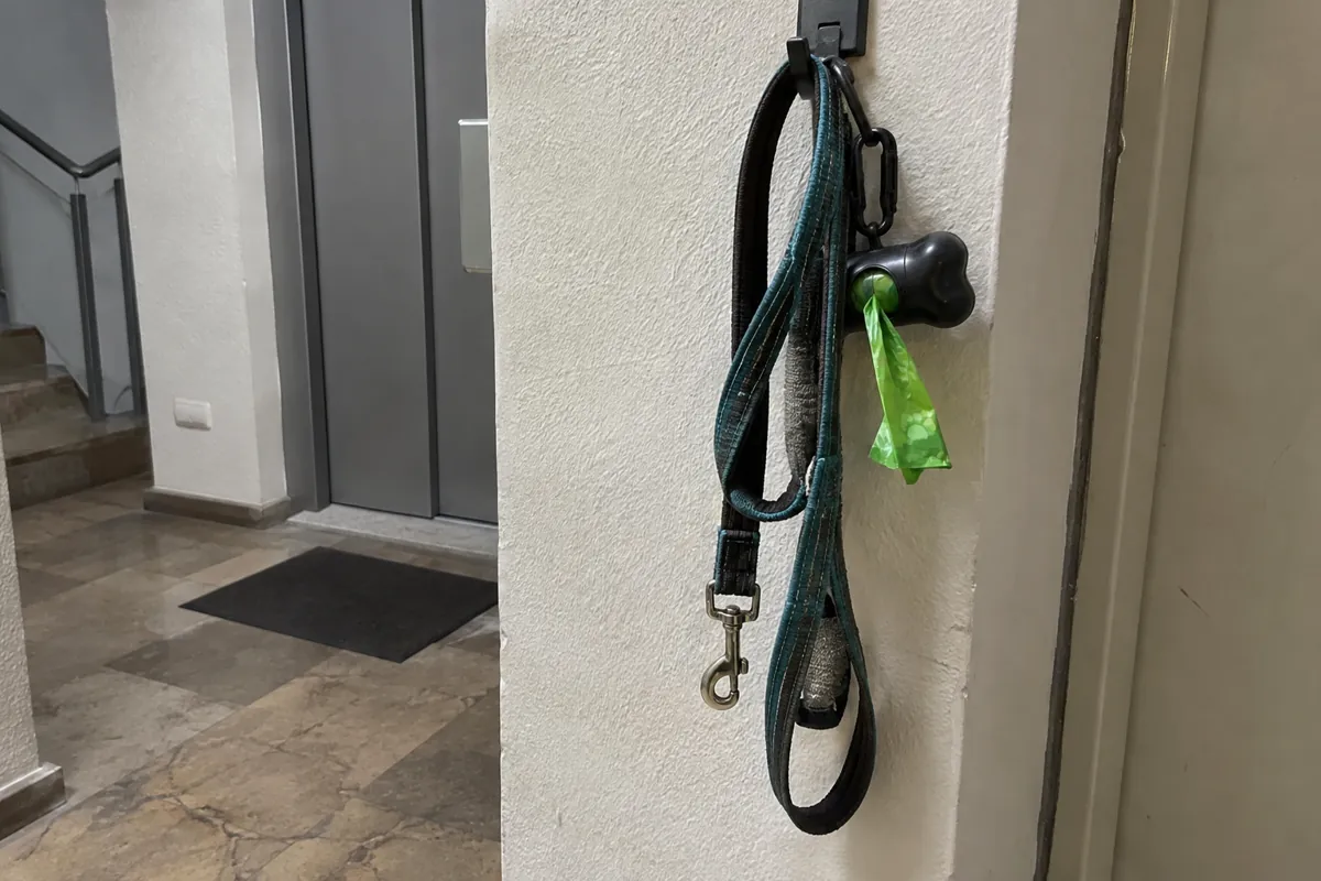 Correa y dispensador de bolsas para mascotas colgados de un gancho en la pared