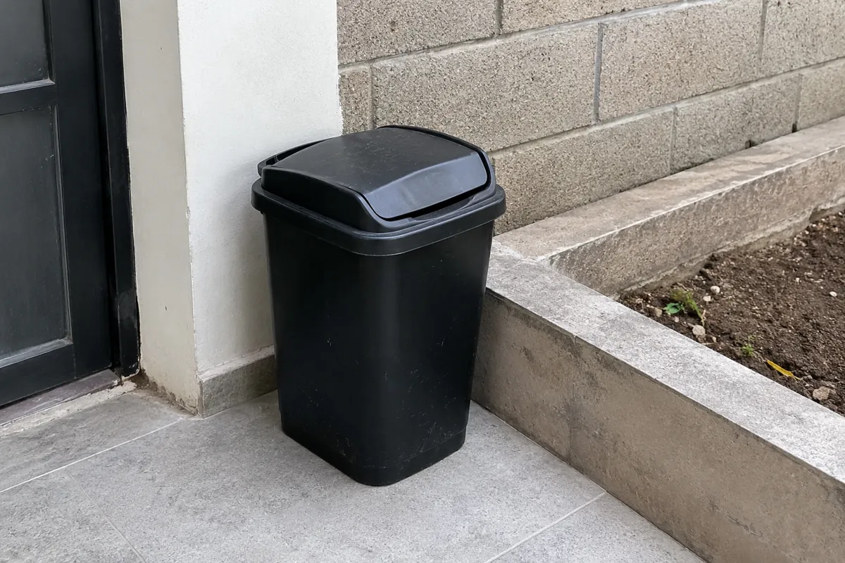 Bote de basura negro con tapa junto al borde de una jardinera de concreto