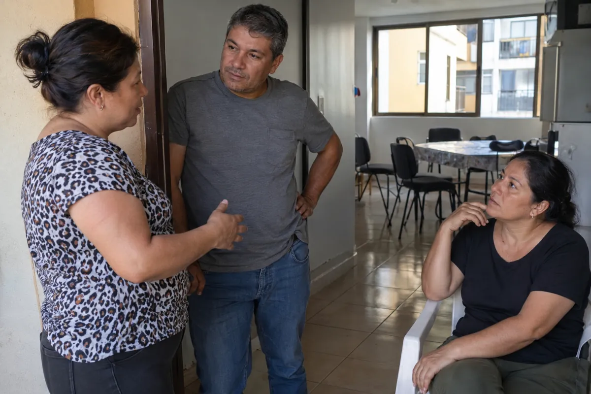 Tres personas conversan en la entrada de un salón comunitario