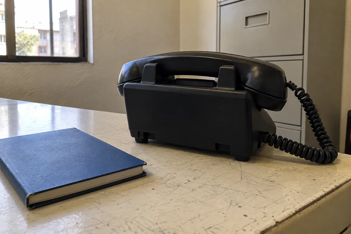 Parte posterior de un teléfono negro junto a una libreta azul cerrada sobre un mostrador
