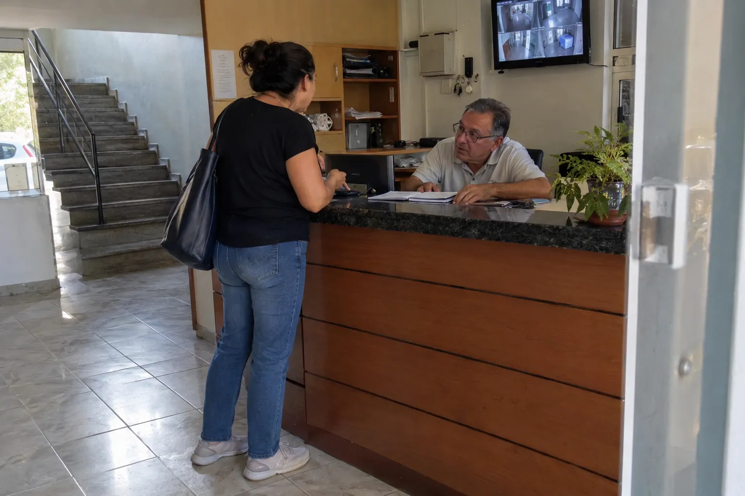 Una mujer conversa con un hombre detrás del mostrador de recepción