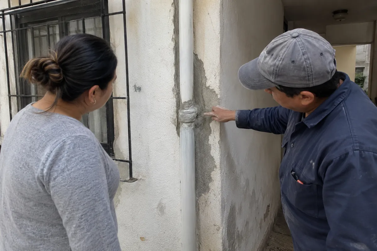 Un hombre señala el recubrimiento alrededor de una tubería mientras una mujer observa