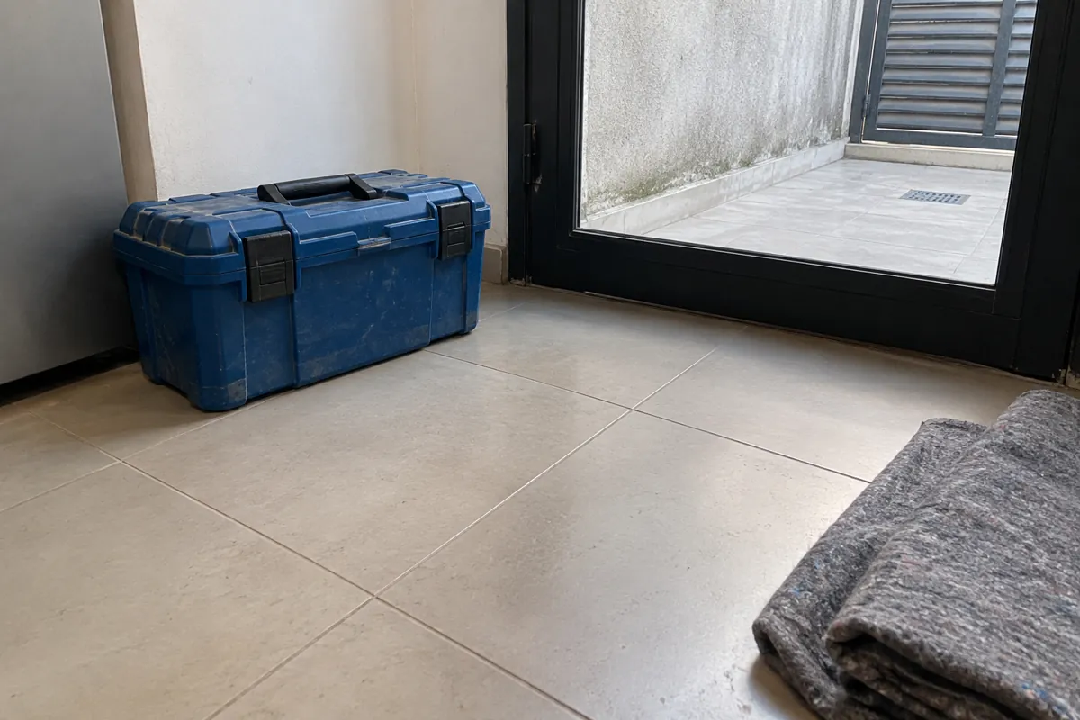 Caja de herramientas azul cerrada y cubierta protectora doblada junto a una puerta