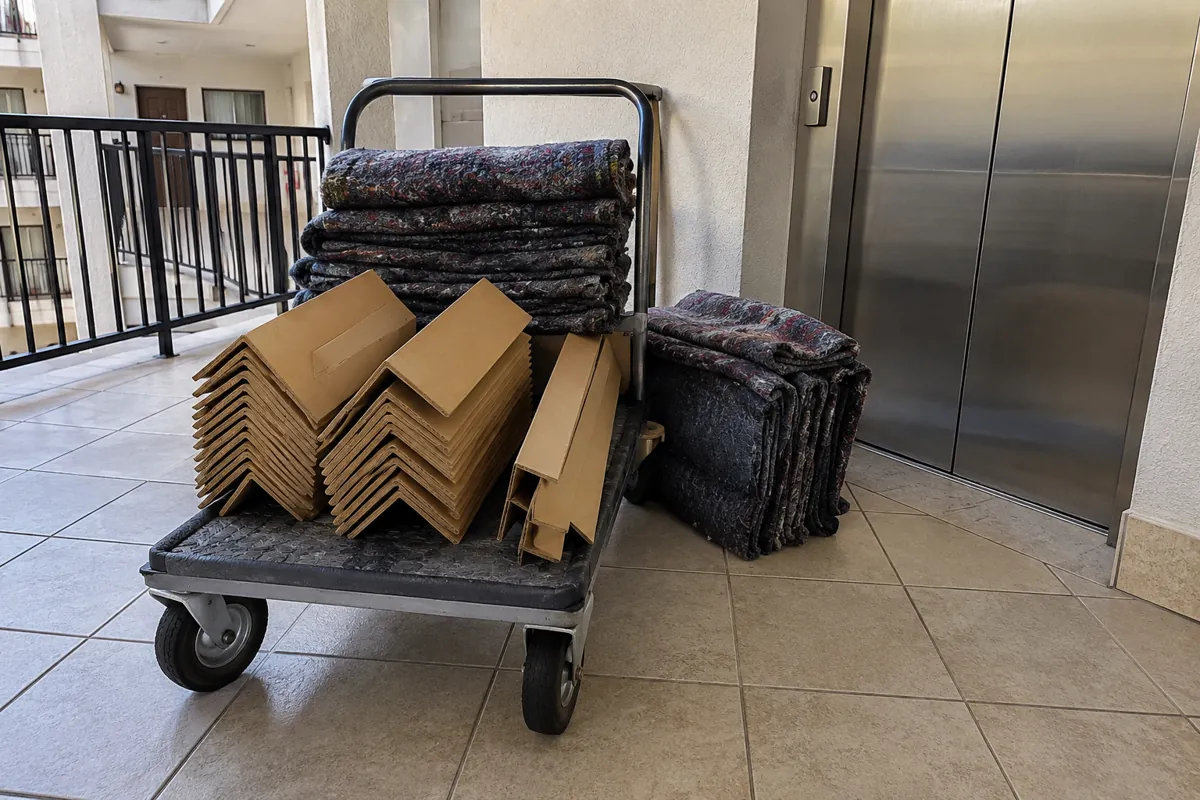 Carrito con protectores de cartón y mantas dobladas junto a un ascensor