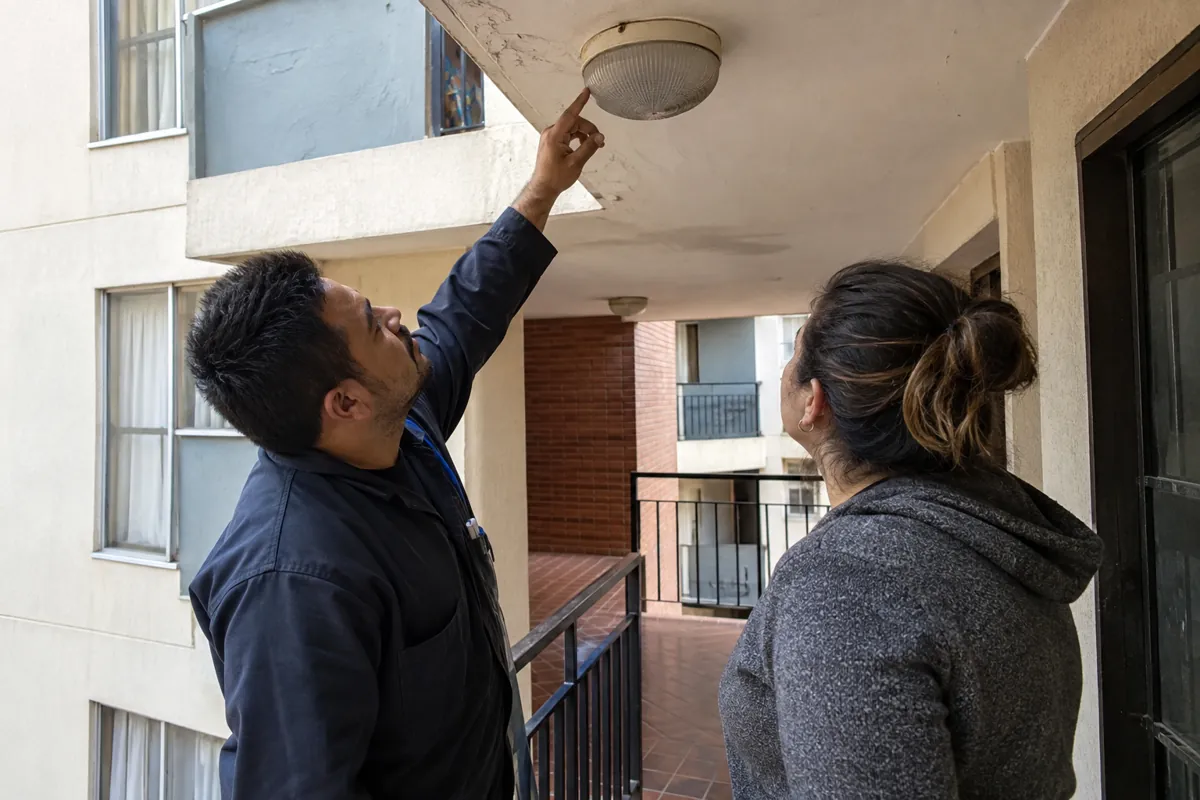 Un hombre señala una lámpara del techo mientras una mujer la observa