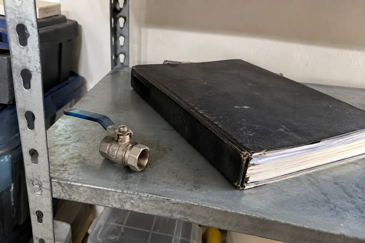 Válvula de repuesto y carpeta cerrada en un estante metálico