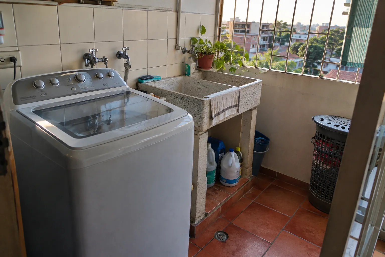 Lavadora junto a un lavadero y una ventana en un cuarto de lavado