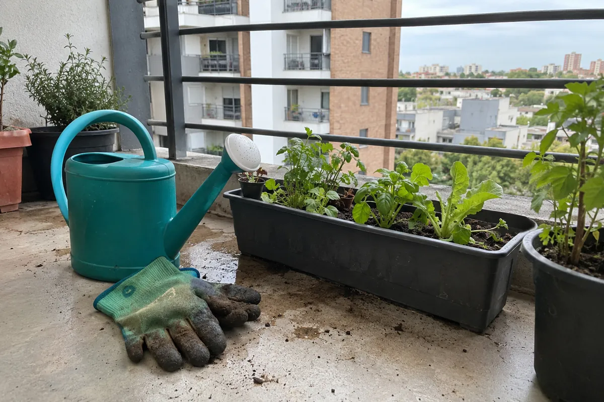 Regadera y guantes con tierra junto a plantas jóvenes en recipientes sobre un balcón