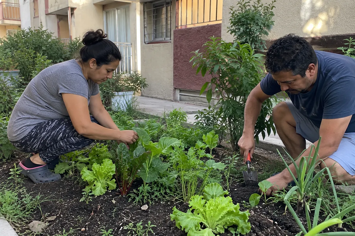 Dos personas cuidan un pequeño huerto junto a un edificio de departamentos