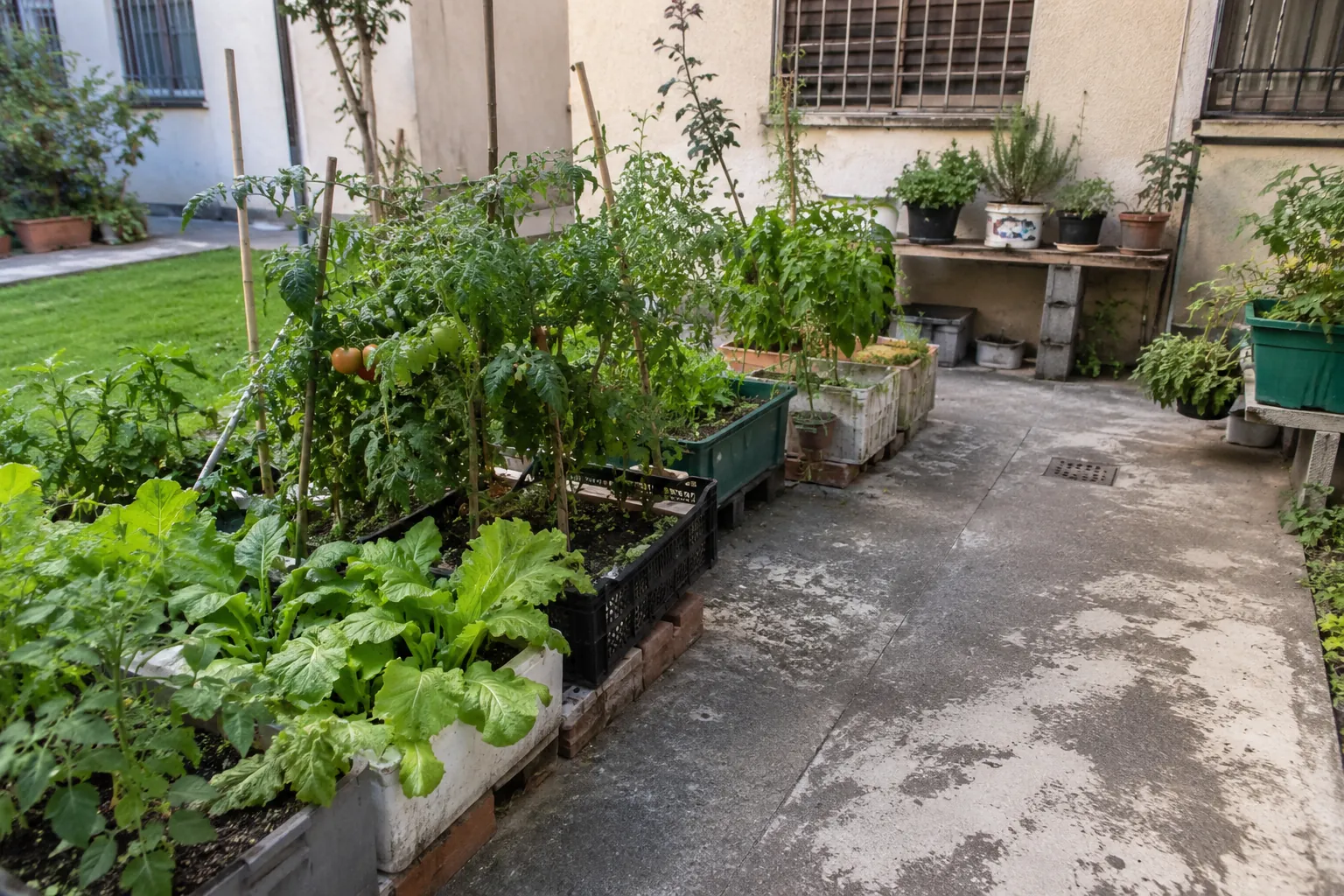 Hortalizas y hierbas en recipientes diversos a los lados de un paso de concreto en un patio