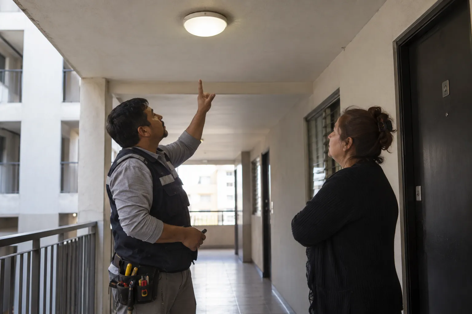 Dos adultos observan una lámpara encendida en el techo de un pasillo