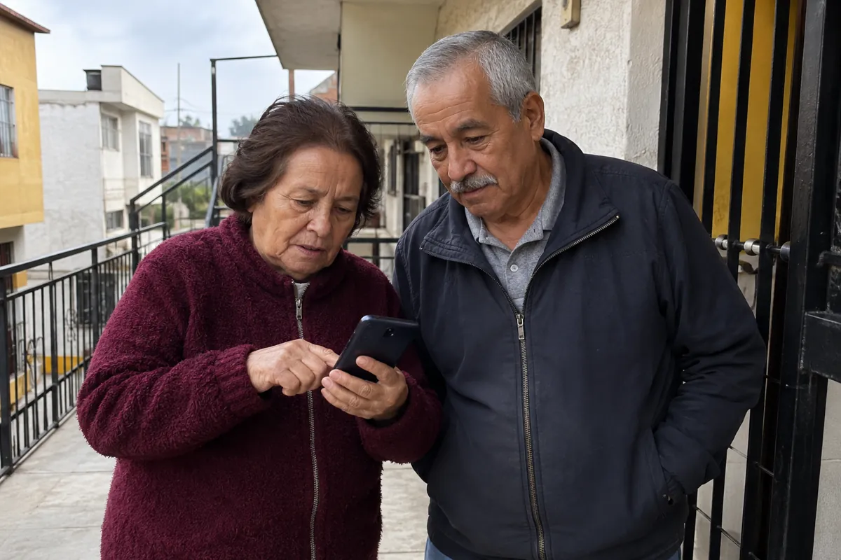 Una mujer mayor usa un teléfono mientras un hombre observa a su lado