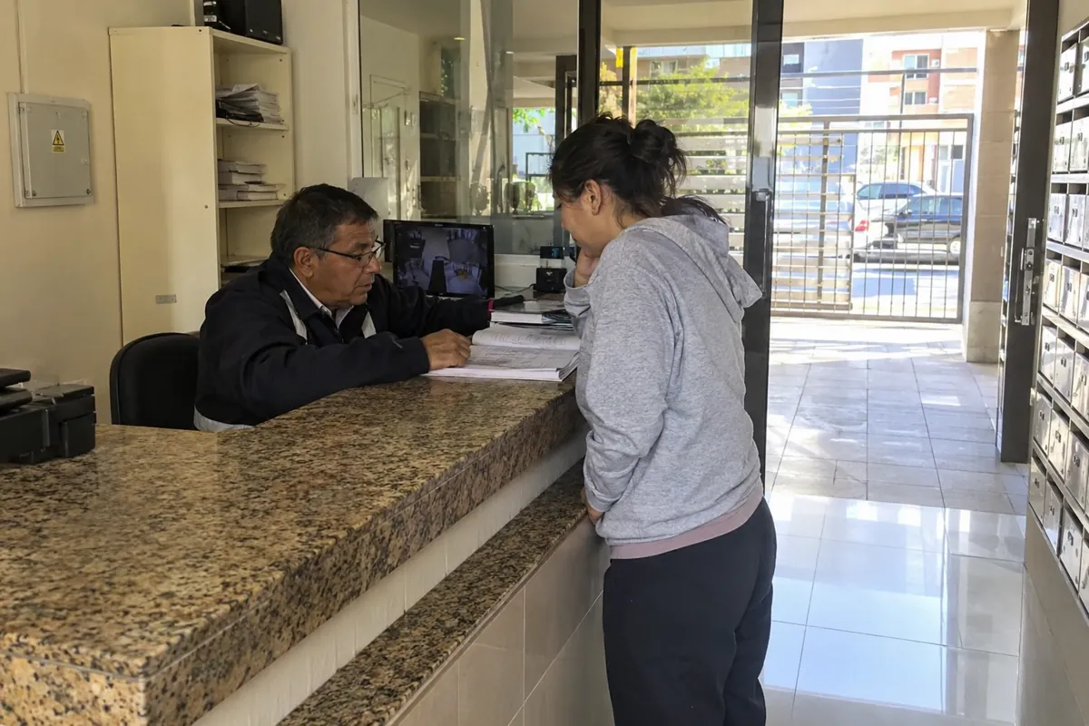 Un hombre y una mujer conversan sobre documentos abiertos en un mostrador de recepción