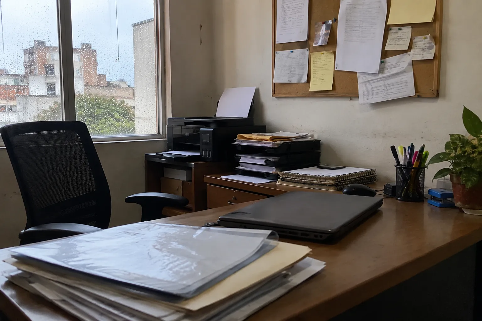 Escritorio con carpetas, computadora cerrada y bandejas de documentos junto a una ventana