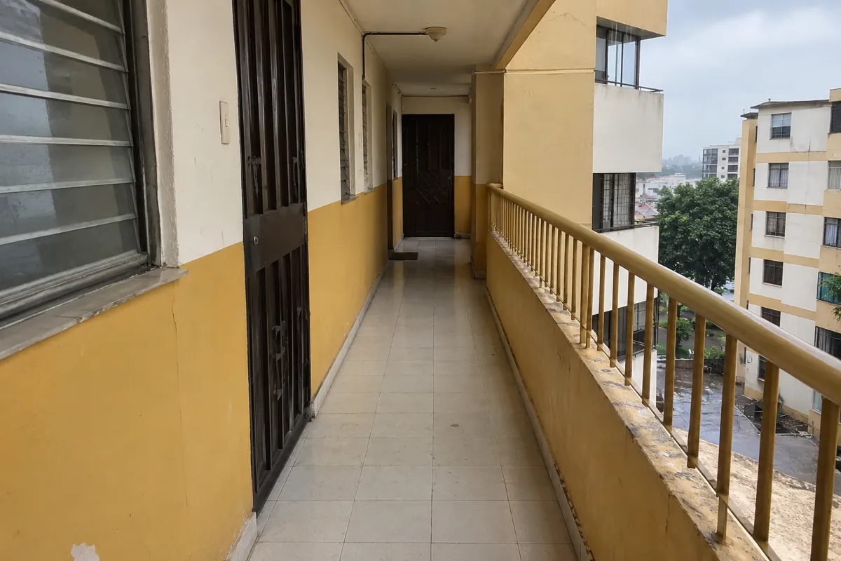 Pasillo despejado con paredes amarillas y barandal metálico en un edificio de departamentos