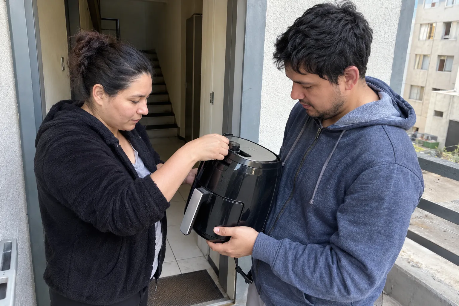Dos personas revisan un pequeño electrodoméstico negro en la entrada de una vivienda