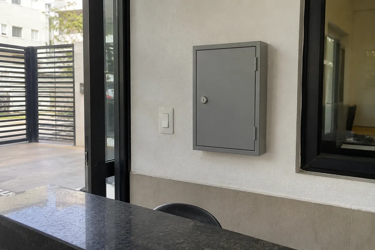 Gabinete metálico cerrado con cerradura en una pared de recepción