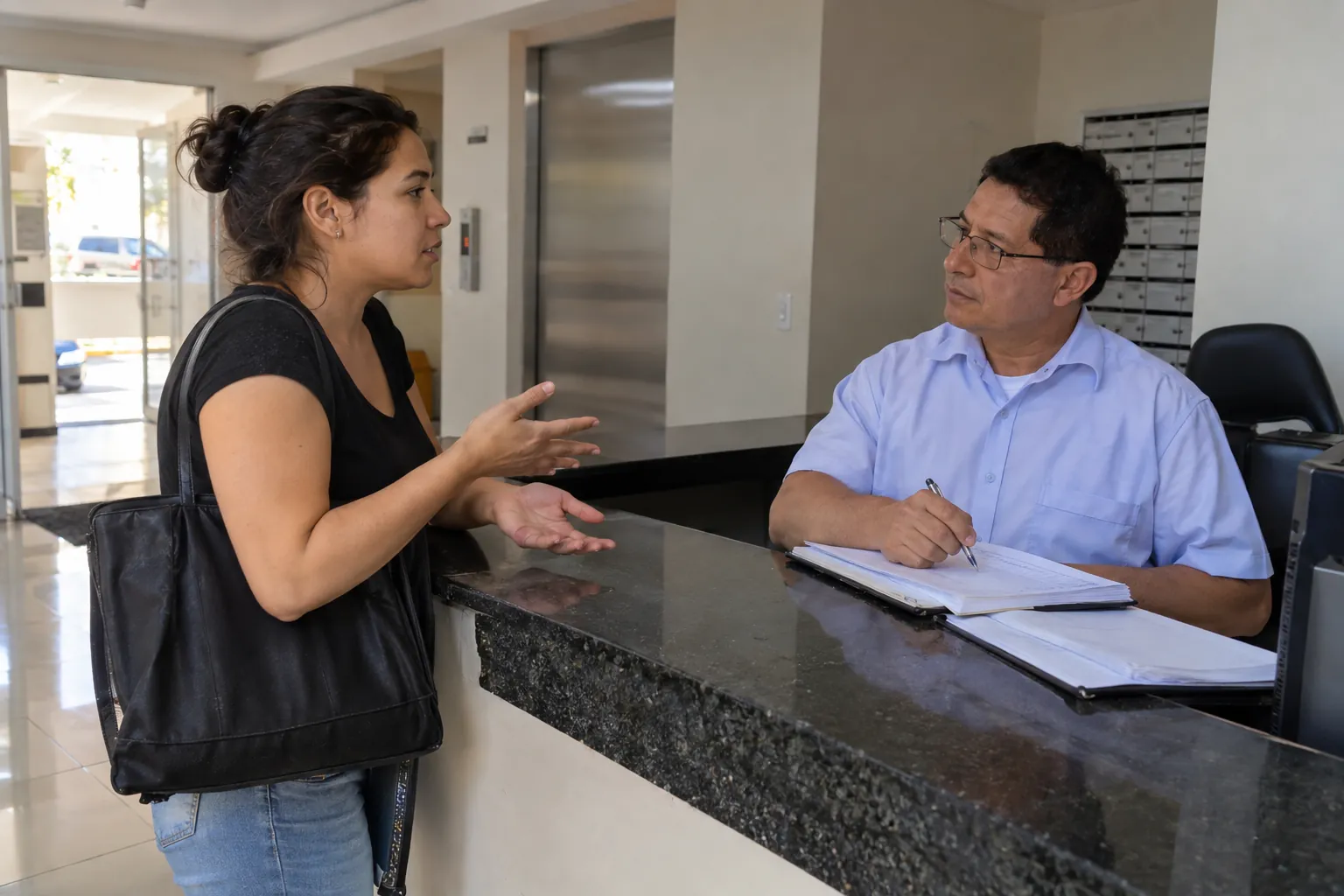 Una mujer conversa con un hombre que sostiene un bolígrafo detrás de un mostrador de recepción