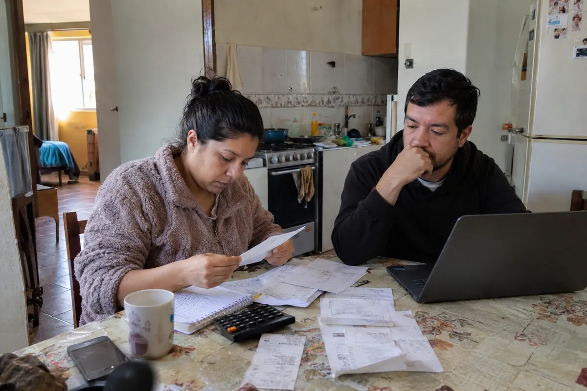 Dos personas revisan papeles con una calculadora y una computadora portátil sobre la mesa