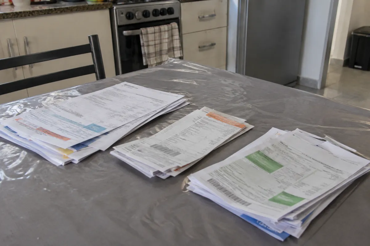 Tres grupos de recibos y documentos apilados sobre una mesa cubierta con plástico transparente