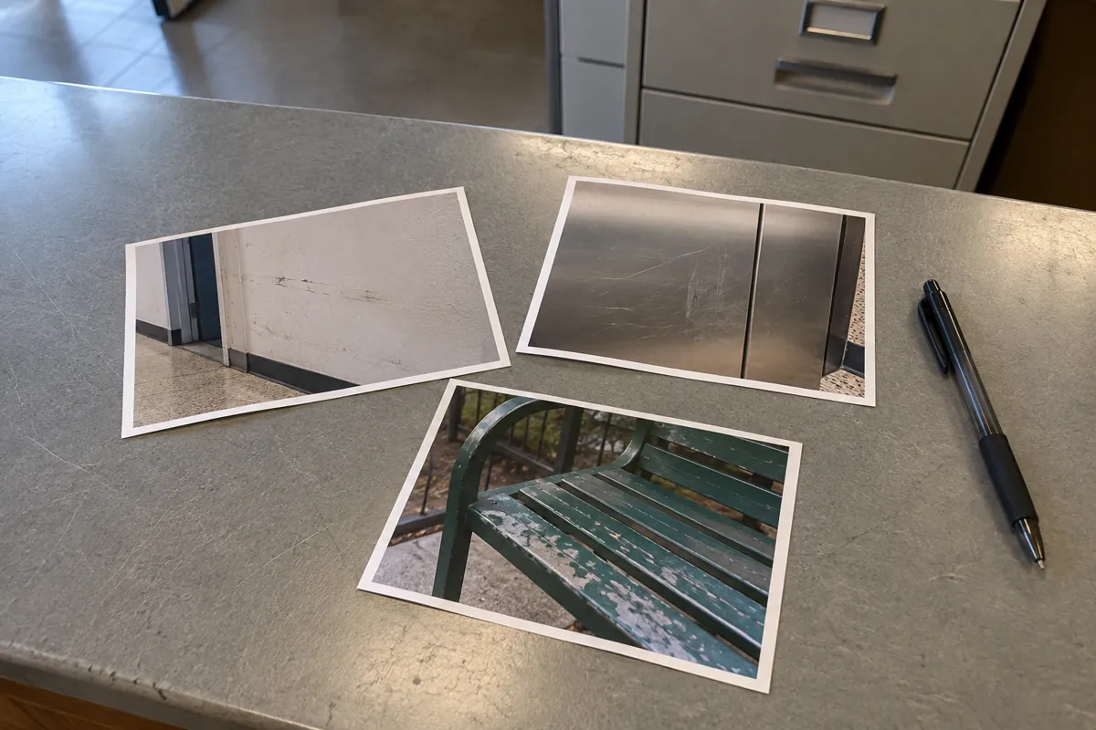 Tres fotografías impresas de marcas de desgaste en una pared, una puerta metálica y una banca, sobre un mostrador