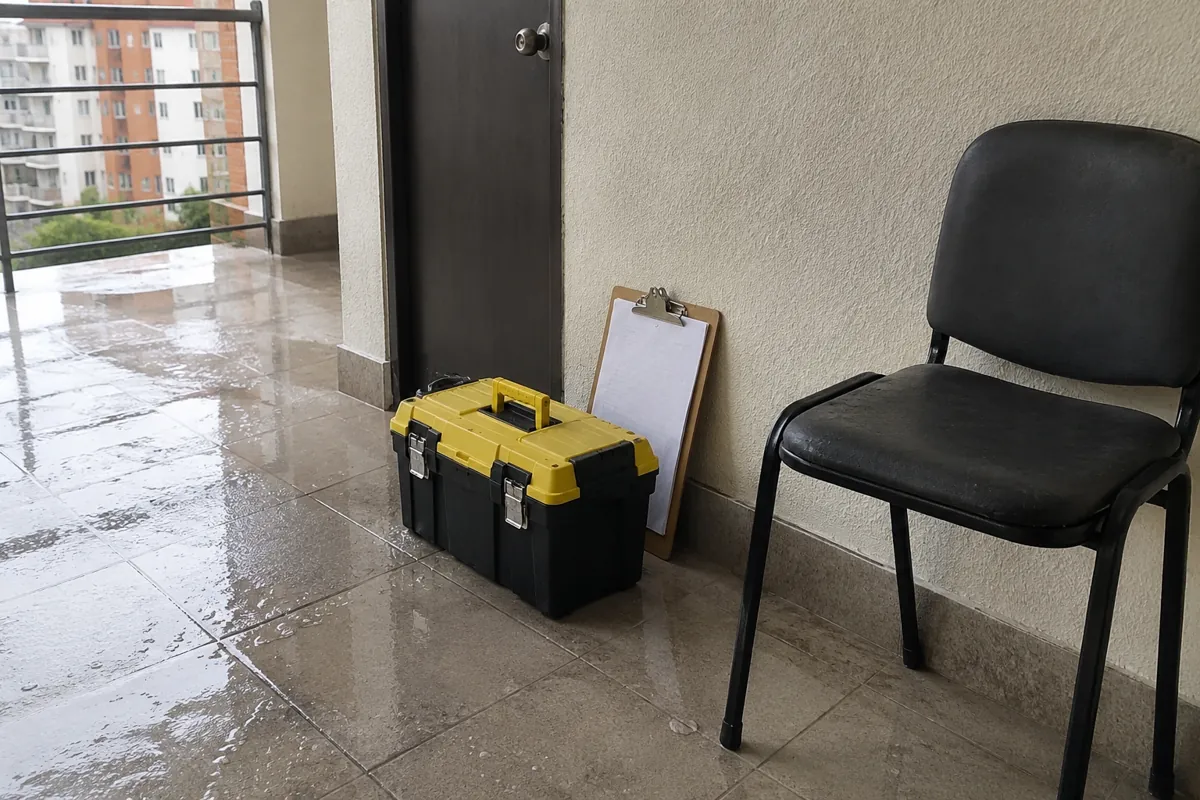 Caja de herramientas cerrada y portapapeles junto a una silla negra en un pasillo