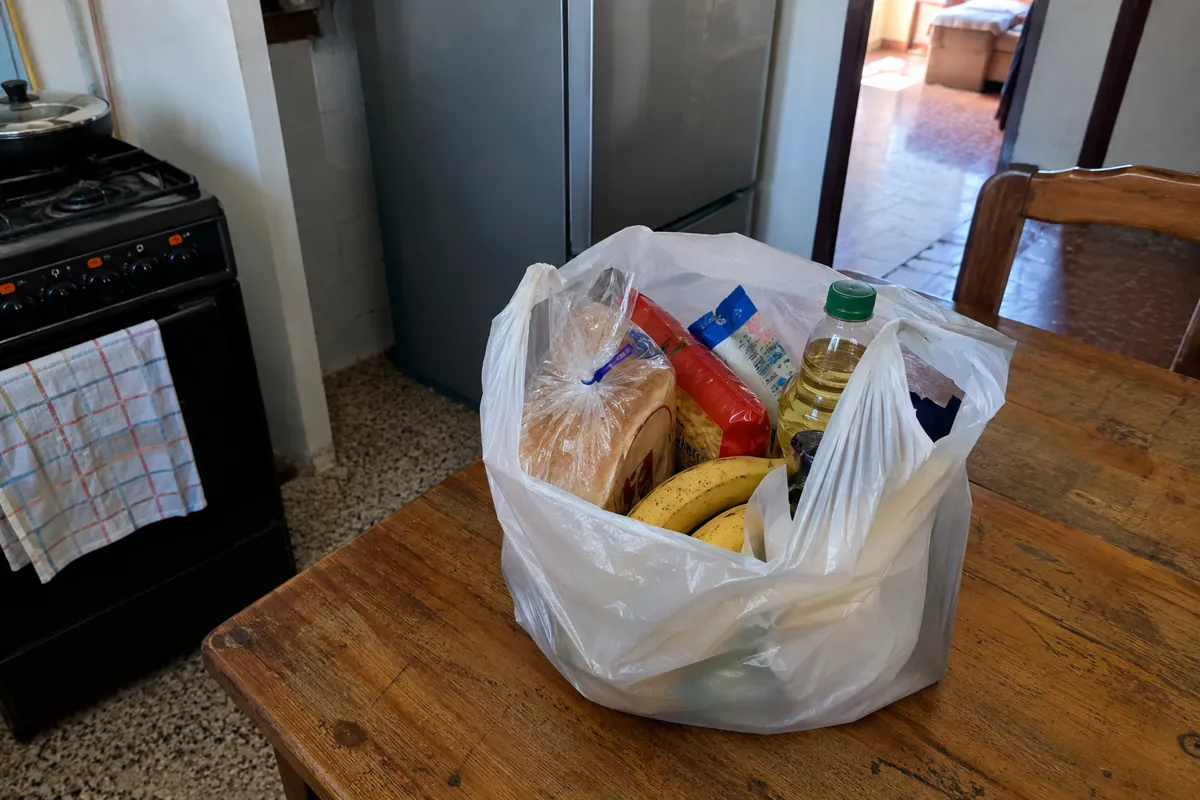 Una bolsa de compras con pan, plátanos, una botella de aceite y alimentos empacados está sobre una mesa