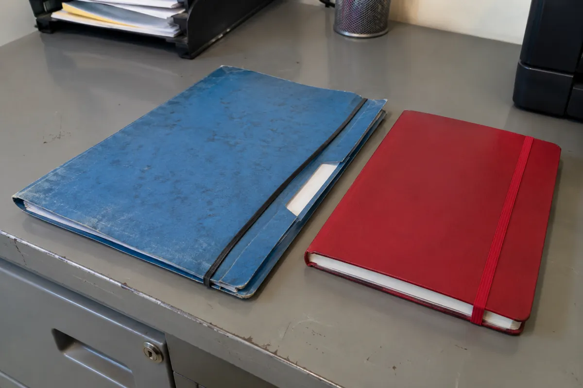 Carpeta azul y libreta roja cerradas sobre un escritorio metálico