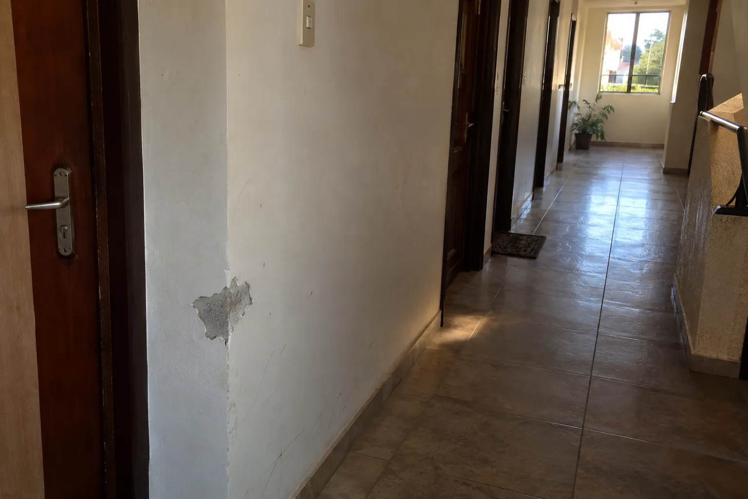 Pared con pintura desprendida junto a la puerta de un pasillo residencial