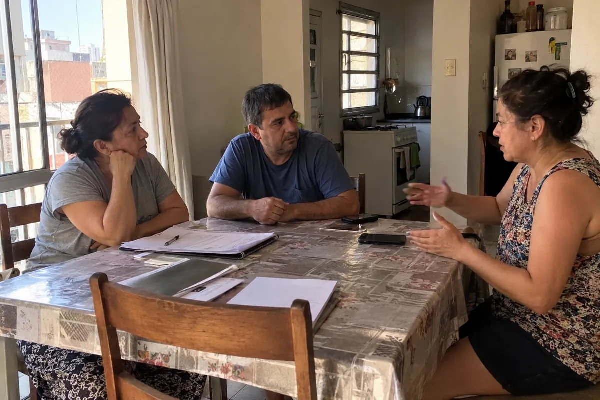 Tres personas conversan alrededor de una mesa con carpetas y teléfonos