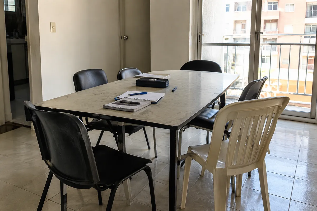 Sillas de distintos modelos alrededor de una mesa con cuadernos y bolígrafos en un salón vacío