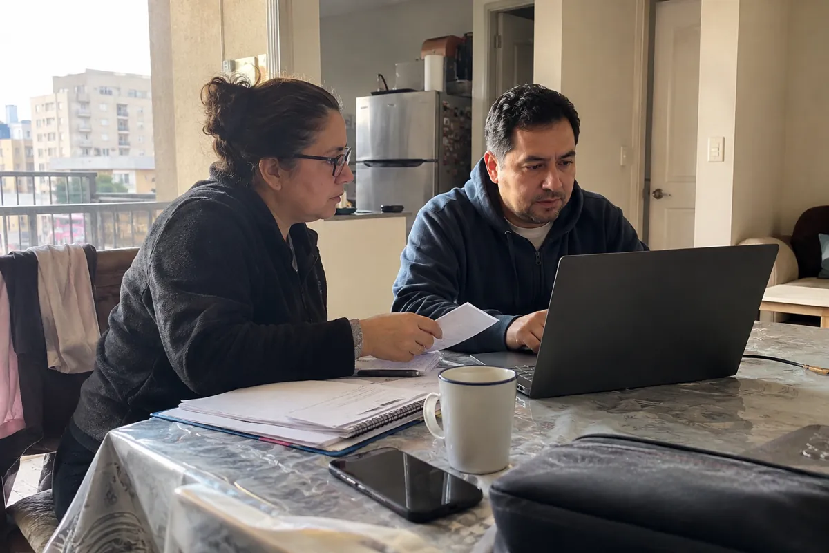Dos personas sentadas revisan documentos junto a una computadora portátil cuya pantalla no se ve