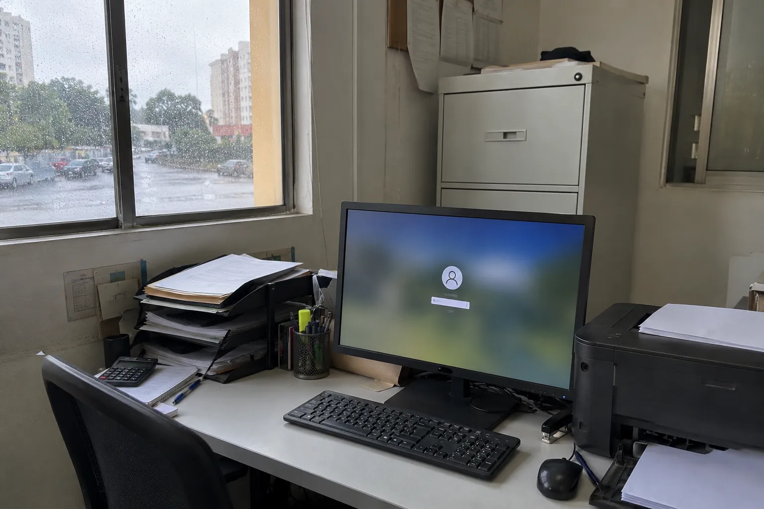 Computadora con pantalla de inicio de sesión en una oficina con papeles, impresora y ventana con gotas de lluvia
