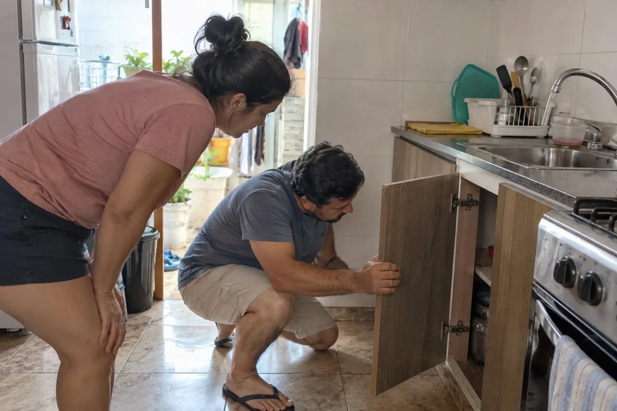 Dos personas revisan la puerta abierta de un mueble bajo el fregadero