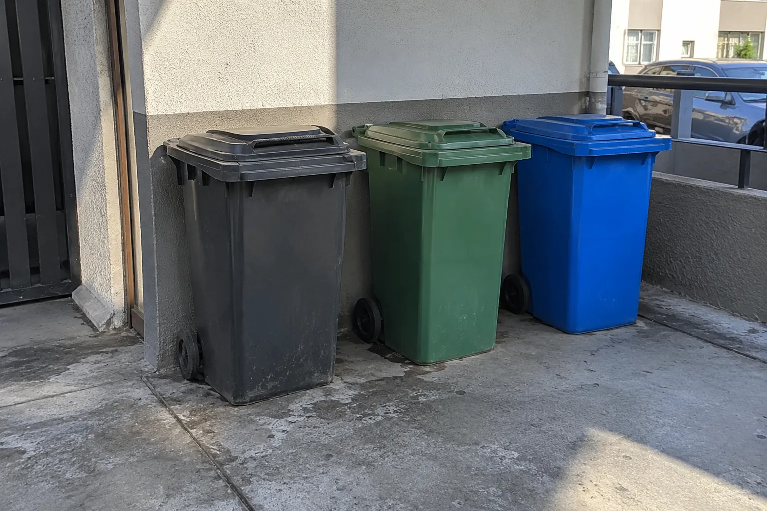 Tres contenedores con tapa cerrada colocados junto a una pared, con el espacio de acceso despejado