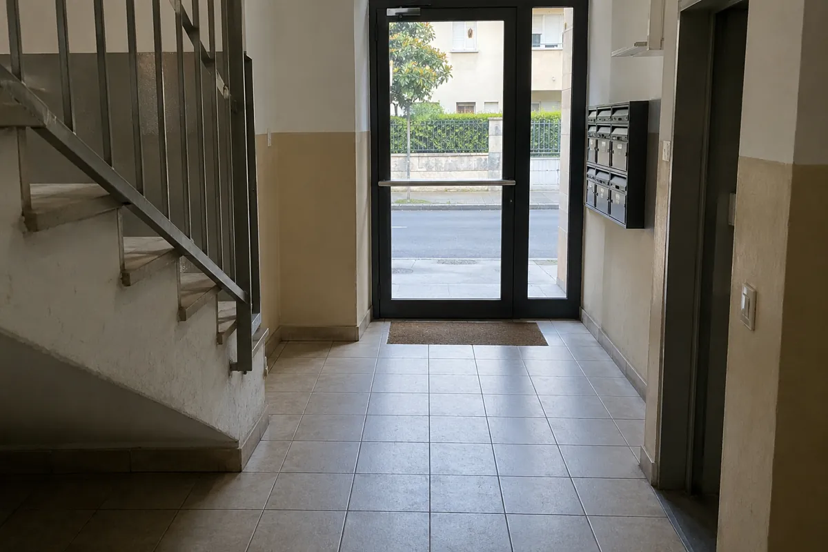 Pasillo despejado hacia una puerta de vidrio con barra horizontal junto a una escalera