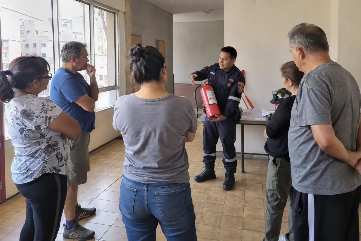 Un hombre con uniforme sostiene un extintor mientras varias personas escuchan en un salón