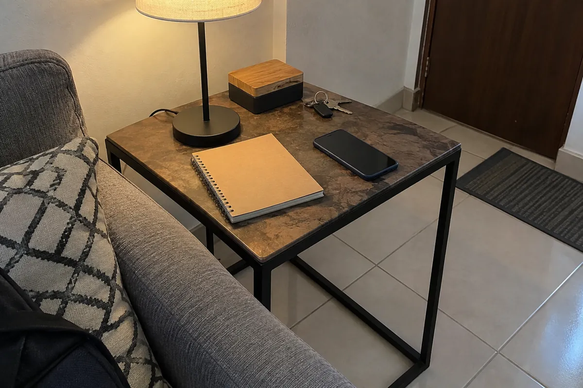 Libreta, teléfono con pantalla apagada y llaves sobre una mesa junto a un sofá