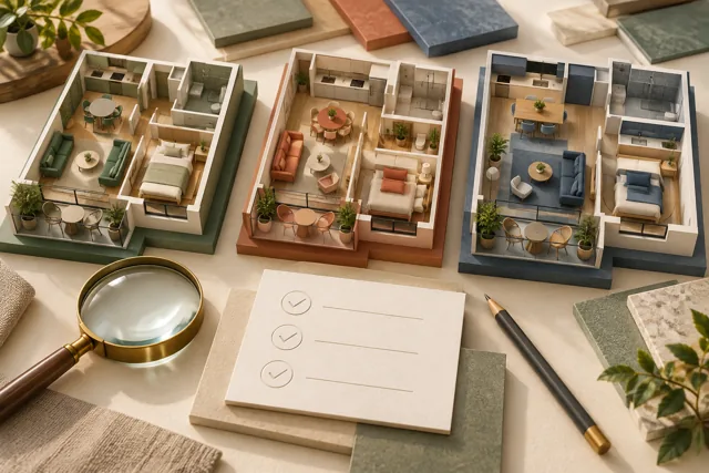 Tres maquetas de viviendas y una ficha de evaluación sobre una mesa.