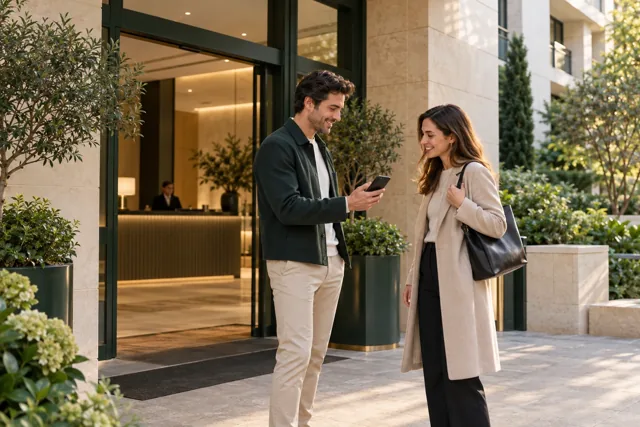 Dos personas adultas consultan un teléfono junto a la entrada de una residencia. Escena editorial generada.