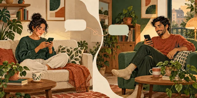 Dos vecinos conversan por mensaje desde sus hogares, en una ilustración editorial.
