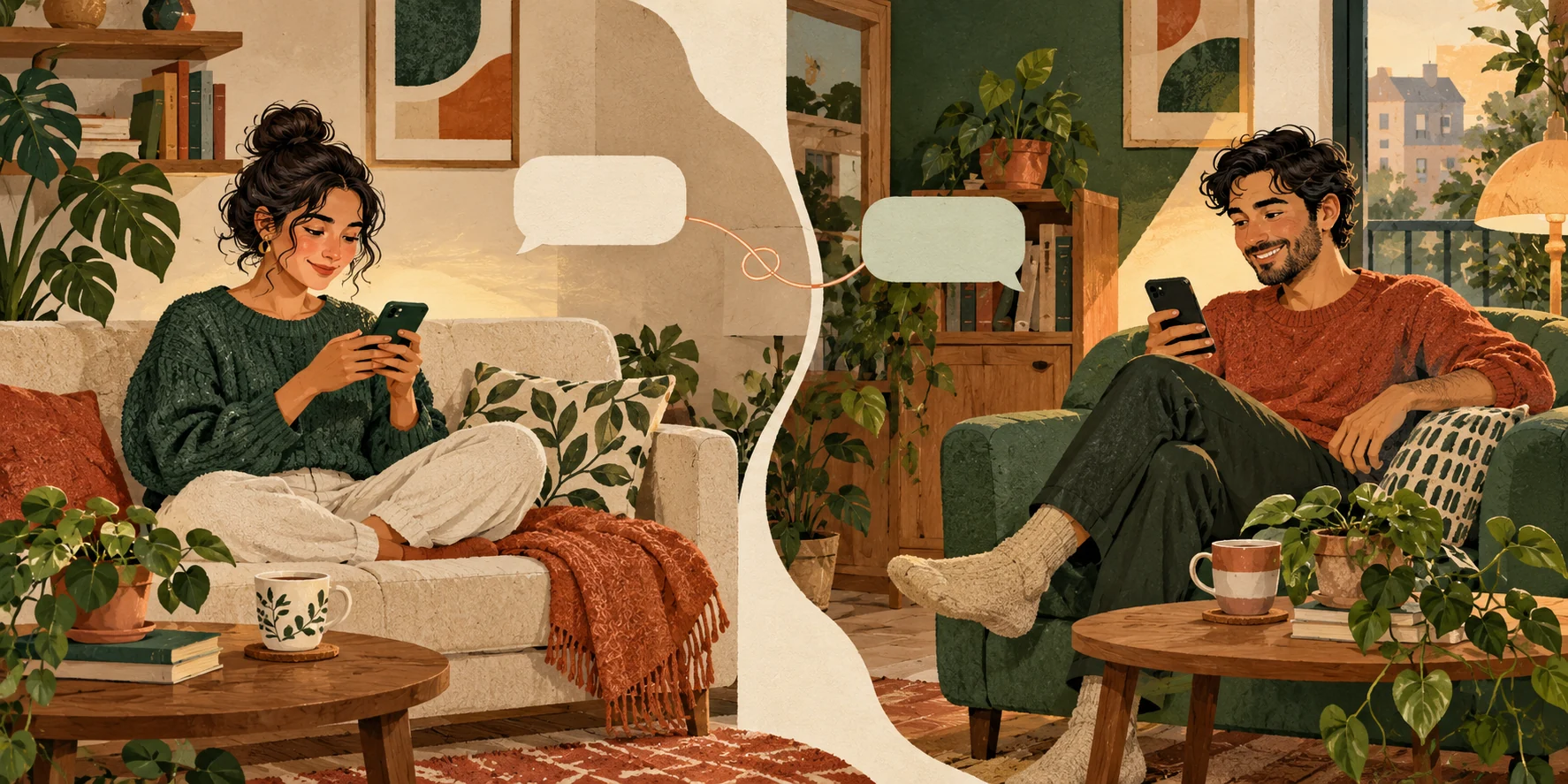 Dos vecinos conversan por mensaje desde sus hogares, en una ilustración editorial.