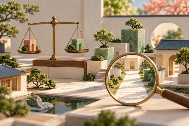 Balanza, bloques y lupa sobre una maqueta de recorridos residenciales.