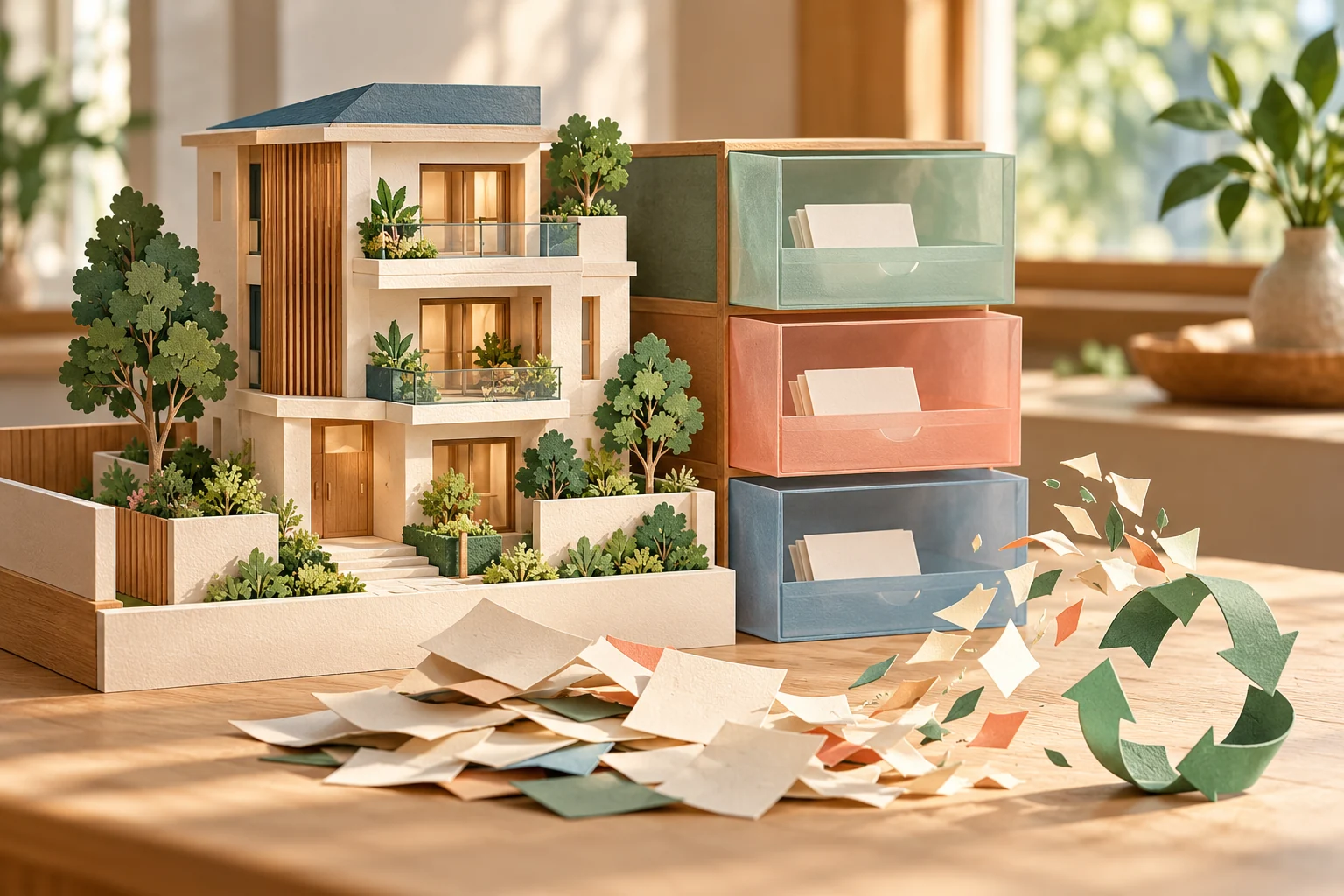 Edificio en miniatura junto a cajones con pocas tarjetas y un símbolo de reciclaje.