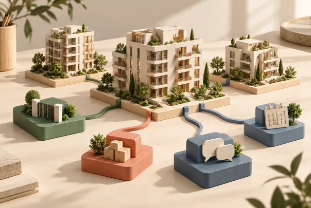 Maqueta de edificios conectada a módulos de acceso, paquetes, conversación y calendario.
