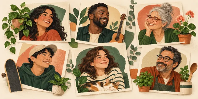 Retratos ilustrados de seis personas adultas de una comunidad.