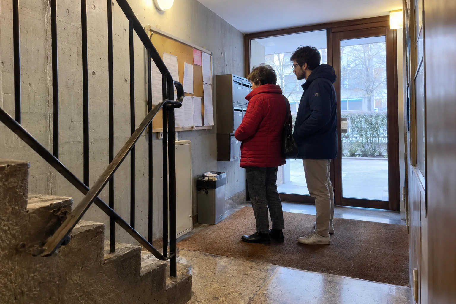 Dos residentes consultan un tablón de avisos en el vestíbulo del edificio.