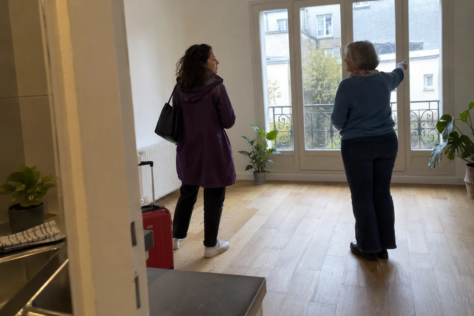 Una vecina orienta a otra junto a la ventana de un apartamento recién ocupado.