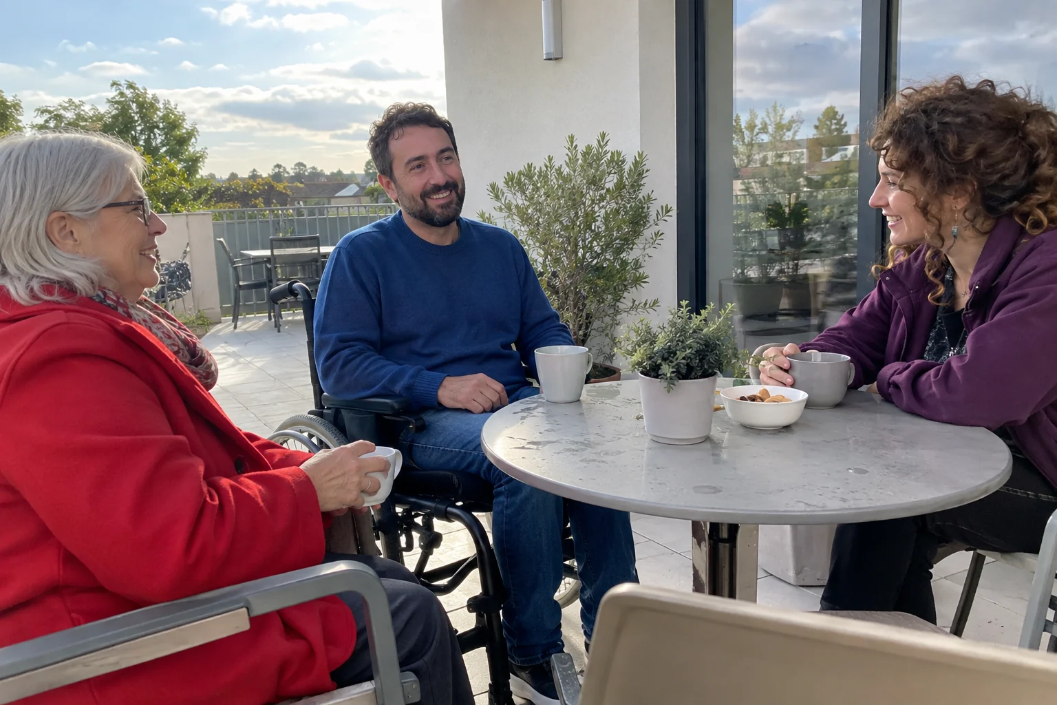 Tres vecinos conversan alrededor de una mesa de terraza, uno de ellos en silla de ruedas.