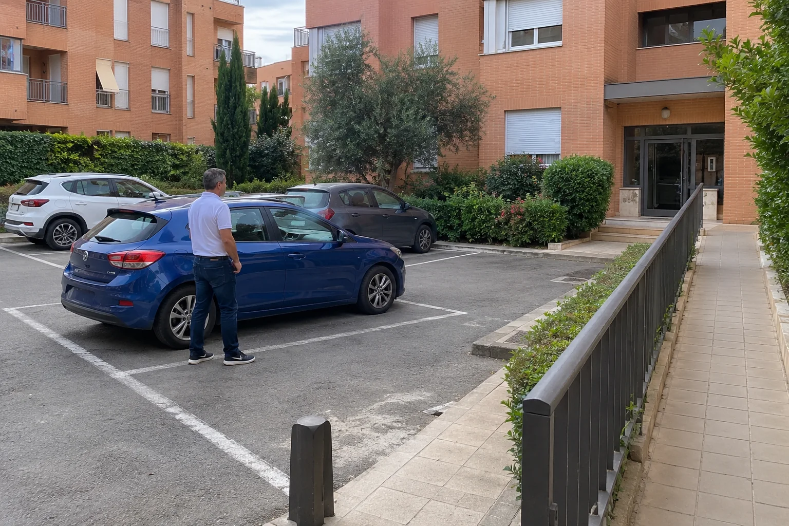 Un visitante junto a su vehículo en un estacionamiento residencial.